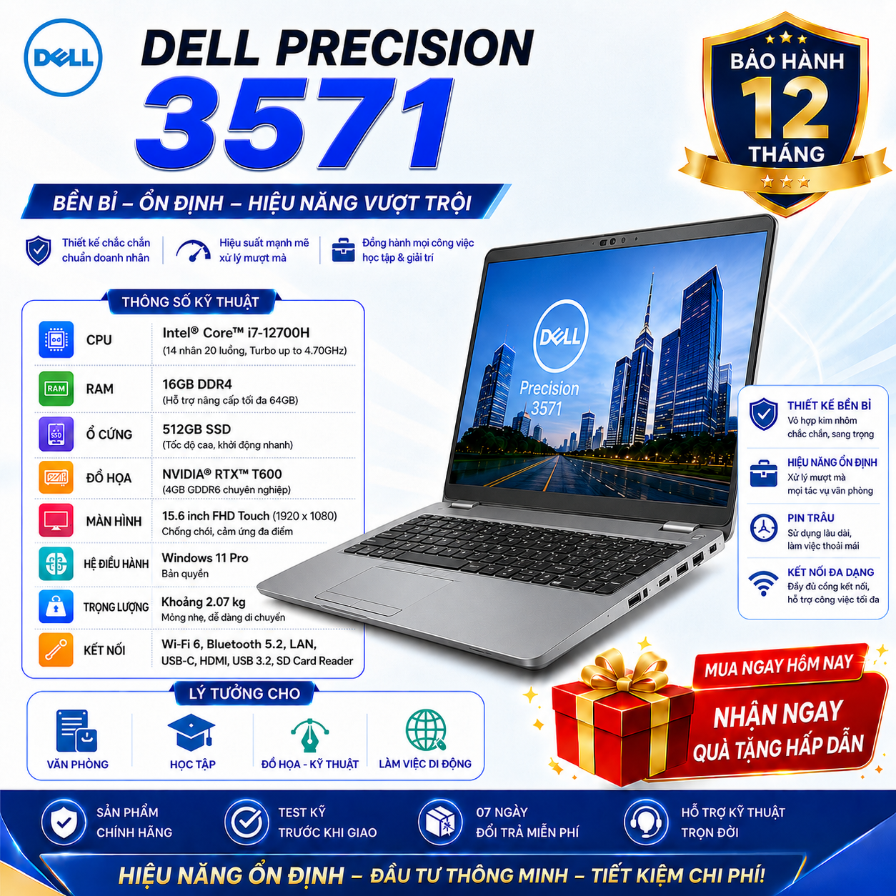 Laptop Dell Precision 3571 Core i7-12700H | 16GB | 512GB | RTX™ T600 | 15.6 inch FHD